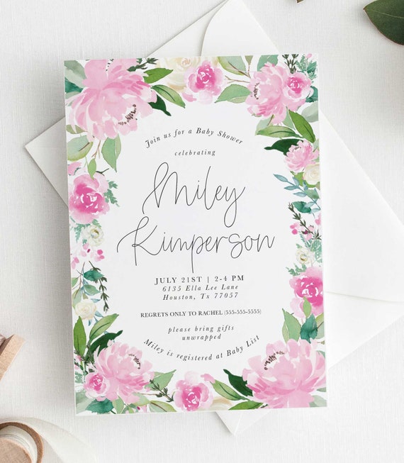 Girl Baby Shower Invitation With Watercolor Pink Floral Border Etsy