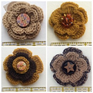 Mustard yellow Hand crocheted flower brooch with button,  Taupe flower pin for Hat coat jacket or jumper