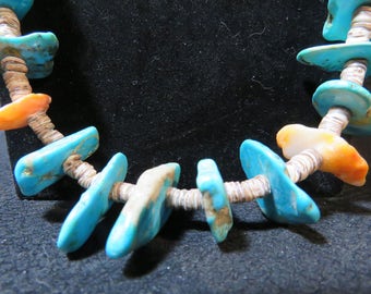 Vintage Necklace- Turquoise Nugget, Orange Spiny Oyster Shell and Heishi Necklace. No Metal-Cotton String. 16" Hand Made- Pueblo
