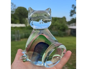 Murano Style Art Glass Clear Blue Green Cat Figurine Paperweight Home Decor