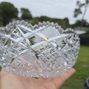 American Brilliant Cut Crystal Glass Bowl Sawtooth Stars 8” Serving Dish Vintage