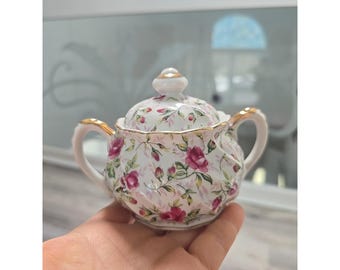 Azucarero Lefton pintado a mano con diseño de rosas chinas y chintz, fabricado en Japón.