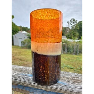 Hand Blown Art Glass Hurricane Vase Bands Mottled Orange Brown  Tortoiseshell