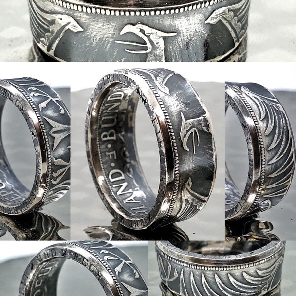 Auténtico anillo alemán de plata esterlina modelado a partir de 5 Deutsch Mark Coin, mujeres, hombres, compromiso, antiguo, anillo de bodas Ancestry