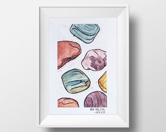 River Rocks 1, Glacier, Montana, National Park, Crystals, Watercolor, Painting, Original Artwork, Rainbow, Paint, Handmade, Still Life