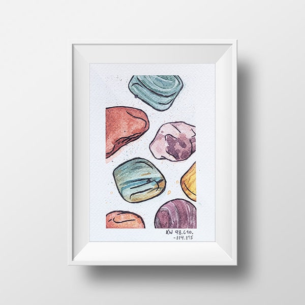 River Rocks 1, Glacier, Montana, National Park, Crystals, Watercolor, Painting, Original Artwork, Rainbow, Paint, Handmade, Still Life