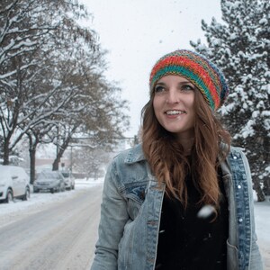 Rainbow Slouchy Hat, Hand Knit Hat, Knitted Hat with Pom, Women Knitted Beret, Knitted Beanie, Pom Pom Hat, Gift For Her image 2