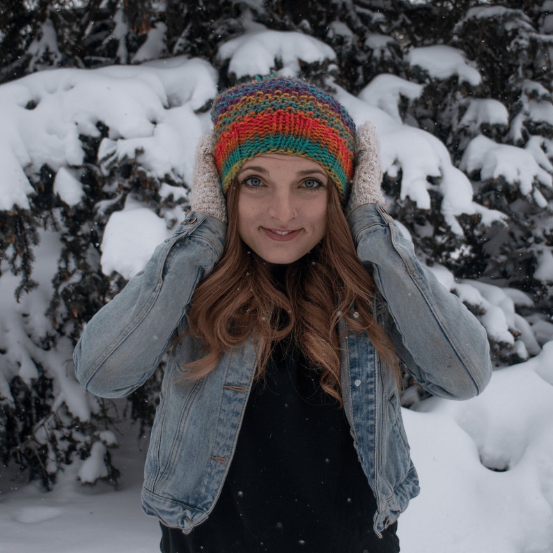 Rainbow Slouchy Hat, Hand Knit Hat, Knitted Hat with Pom, Women Knitted Beret, Knitted Beanie, Pom Pom Hat, Gift For Her image 5