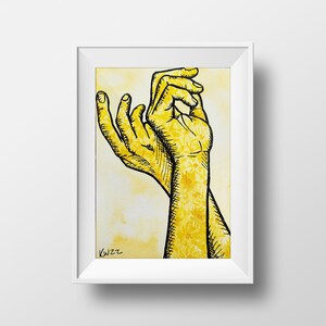 May include: A framed watercolor painting of two hands in a gesture of offering or receiving. The hands are rendered in shades of yellow with black outlines, and a floral pattern is visible on the skin. The background is a soft, pale yellow.