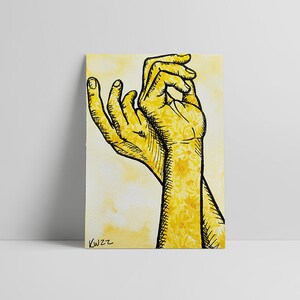 May include: Watercolor painting of two hands in a gesture of offering or receiving. The hands are rendered in shades of yellow with black outlines. One arm has a floral pattern. The artwork is signed "KW22".