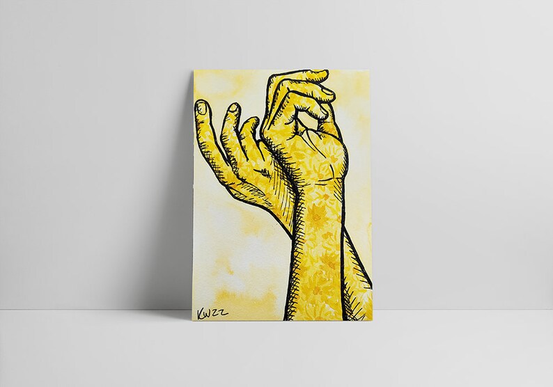May include: Watercolor painting of two hands in a gesture of offering or receiving. The hands are rendered in shades of yellow with black outlines. One arm has a floral pattern. The artwork is signed "KW22".