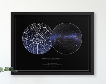 Custom Star Map with City Map, Personalized Gift, Celestial Wedding gift, Unique Gift Idea, Astronomy Gift, Sky Map Art | PRINTED POSTER