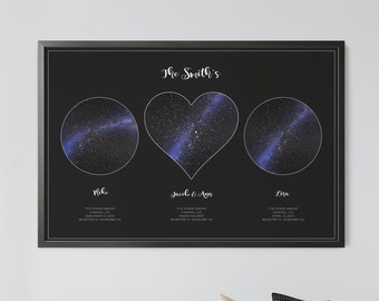 Custom Star Map 3in1 with HEART, Celestial Gift, First Date Memory, First Date Gift, Anniversary Gift, Wedding Gift | PRINTED POSTER