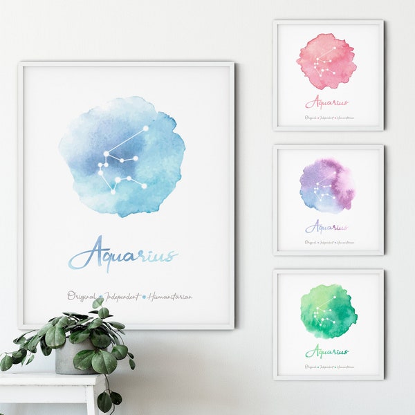 Aquarius Zodiac Art, Aquarius Gift, Astrology Watercolor Print, Zodiac Print, Aquarius Constellation Art, PRINTED POSTER