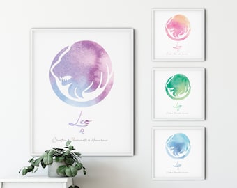 Leo Zodiac Art, Leo Astrology Gift, Astrology Watercolor Print, Zodiac Sign Print, Leo Symbol Art | PRINTED POSTER