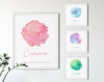 Capricorn Zodiac Art, Capricorn Astrology Gift, Astrology Watercolor Print, Zodiac Sign Print, Capricorn Art, PRINTED POSTER