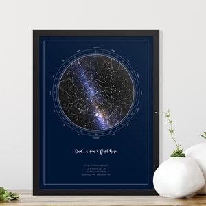 Custom star map with a blue background, the star map is inside a circle with a directional compass around it, on a rectangular poster in portrait orientation. A unique celestial gift for mom or dad, or a perfect anniversary or wedding gift.