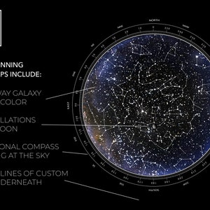 The features that are included in our custom star maps. A full color Milky Way Galaxy, constellations and the moon, and up to 5 lines of custom text underneath.