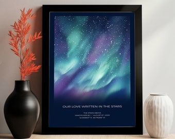 Custom Star Map, Mother's Day Gift, Personalized Anniversary Gift, Unique Aurora Star Chart, Square Map, Gift for Husband, Gift for Wife