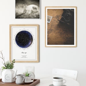 Custom star map with a white background, the star map is inside a circle with a directional compass around it, on a rectangular poster in portrait orientation. A unique celestial gift for mom or dad, or a perfect anniversary or wedding gift.