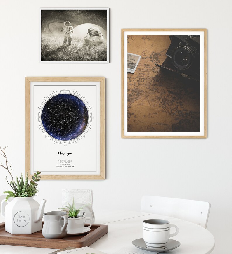 Custom star map with a white background, the star map is inside a circle with a directional compass around it, on a rectangular poster in portrait orientation. A unique celestial gift for mom or dad, or a perfect anniversary or wedding gift.