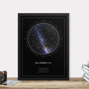 Custom star map with a black background, the star map is inside a circle with a directional compass around it, on a rectangular poster in portrait orientation. A unique celestial gift for mom or dad, or a perfect anniversary or wedding gift.