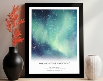 Custom Star Map by Date, Aurora Star Map, Night Sky Print, Valentine's Day Gift, Personalized Star Chart, Gift for Wife, Gift for Husband,