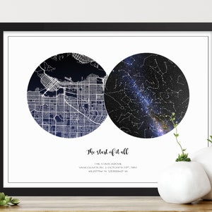 Custom Star Map with City Street Map  Anniversary Gift  Wedding Gift  Valentines Gift  Under the Stars Print  Celestial Gift | BLACK FRAME