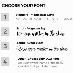 Font options for our custom star maps. The fonts we offer include Montserrat Light, Magnolia Sky, Great Vibes, or any freely available font of your choice.