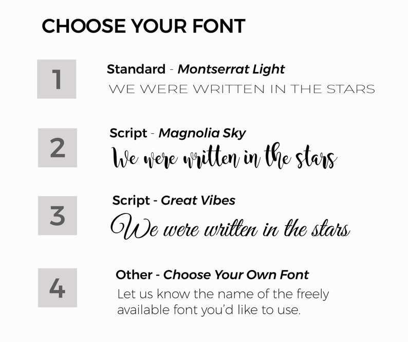 Font options for our custom star maps. The fonts we offer include Montserrat Light, Magnolia Sky, Great Vibes, or any freely available font of your choice.