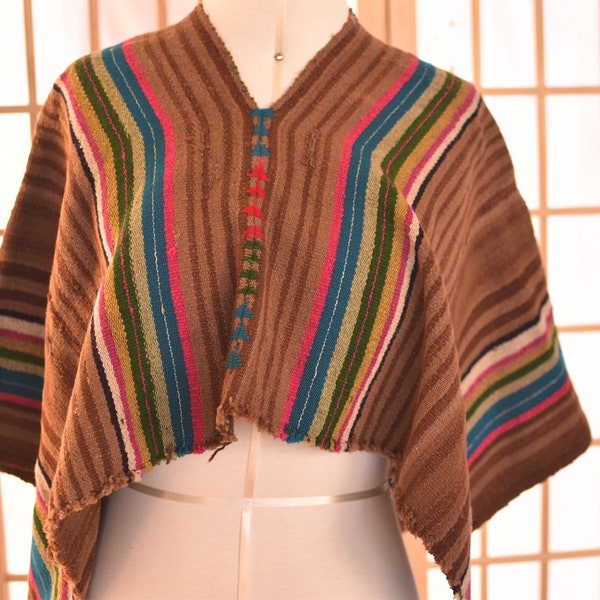 Peruanischer Antiker Vintage Aguayo Gewebter Kinder Poncho Pullover Alpaka