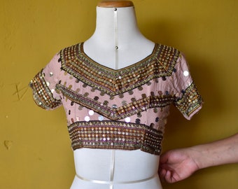 Vintage Handmade Sequins Mirrors Embroidered Banjara Hindu Crop Top Boho Gipsy