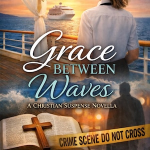 Könnte beinhalten: Buchcover für "Grace Between Waves", eine christliche Spannungsnovelle. Das Bild zeigt ein Kreuzfahrtschiff, das Meer und eine Person auf einem Deck. Eine Bibel mit einem Kreuz und Absperrband sind im Vordergrund.