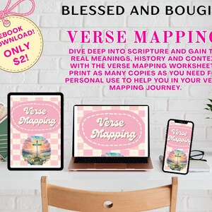May include: An image featuring a tablet, laptop, and smartphone displaying "Verse Mapping" on their screens. The devices are on a white desk with a brick wall background. A tag reads "Ebook Download! Only $2!"