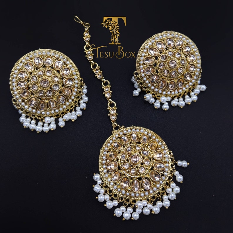 Indian Mang Tikka combo set High quality brass with polki and white danglers Round stud earrings with Maang tikka Bollywood Tikka B4