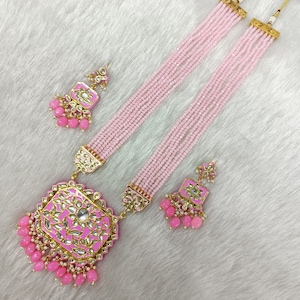 Meenakari Rani har necklace set with a pendant, wedding bridal Jewelry, Pink color.