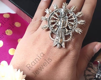Oxidized adjustable ring, Statement ring, Goddess durga, Navratri festival