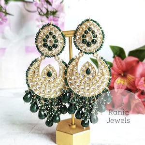 Kundan chandbali jhumka earrings, Green & Gold, Bollywood jhumka earrings.