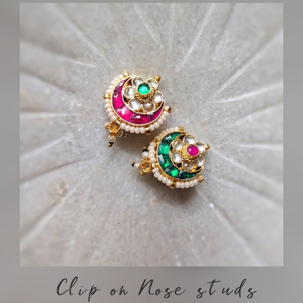 kundan clip on nose stud, gold plated small nath, nathni, No piercing needed.