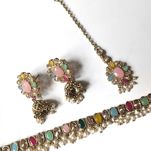 Lightweight very thin polki choker set with  stone danglers,  tikka & earrings in antique gold,