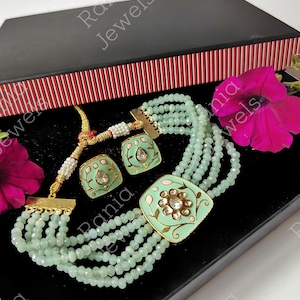 Meenakari choker set with earrings in mint color, light weight jewelry.