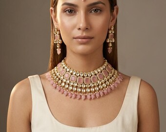 Puede incluir: Un conjunto de joyería en tono dorado que incluye un collar tipo gargantilla ancho, pendientes a juego y un maang tikka. Cada pieza está adornada con piedras rectangulares rosa claro, detalles en forma de lágrima y cuentas rosas.