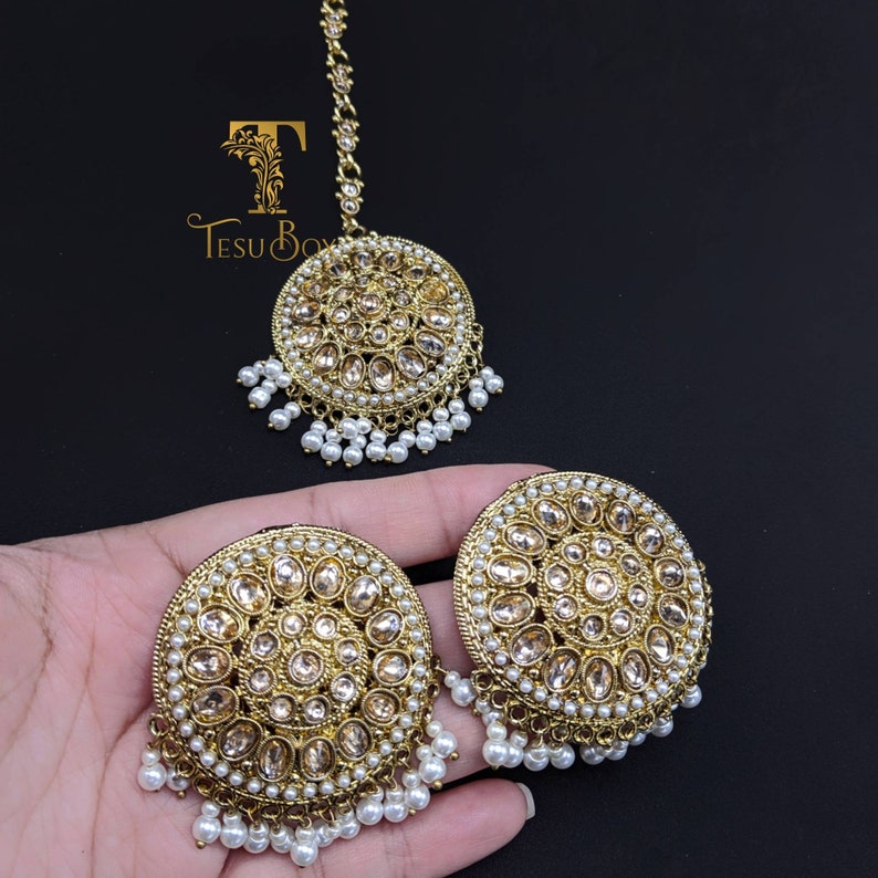 Indian Mang Tikka combo set High quality brass with polki and white danglers Round stud earrings with Maang tikka Bollywood Tikka B4