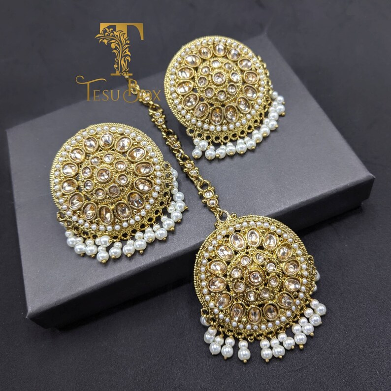 Indian Mang Tikka combo set High quality brass with polki and white danglers Round stud earrings with Maang tikka Bollywood Tikka B4