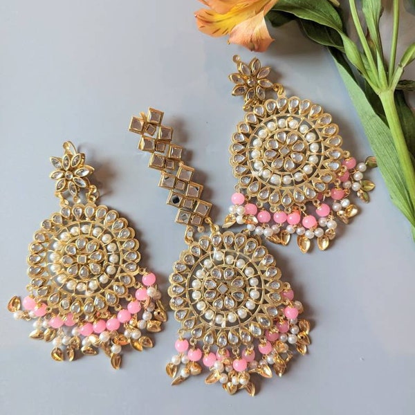 Punjabi jadau Mang tikka set, earrings and mang tika, pink, headpiece