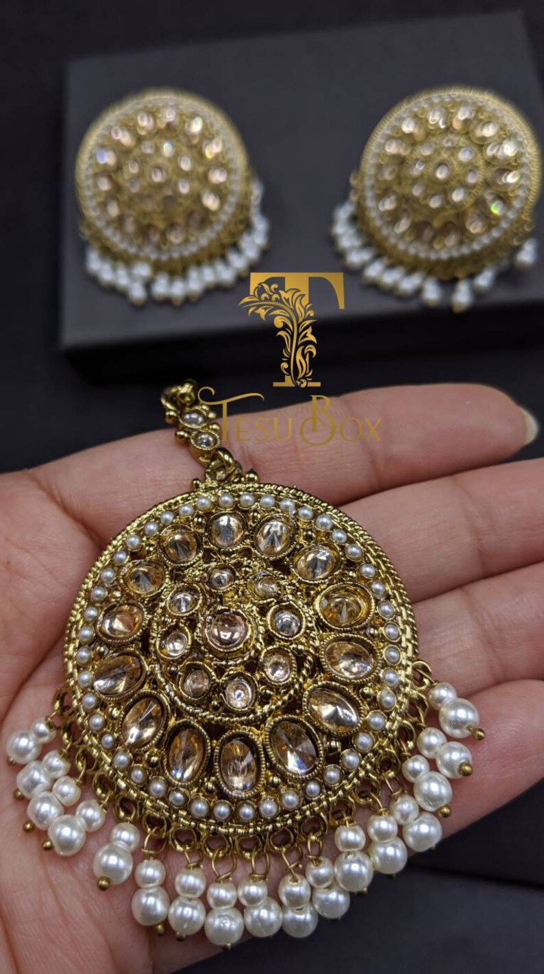 Indian Mang Tikka combo set High quality brass with polki and white danglers Round stud earrings with Maang tikka Bollywood Tikka B4