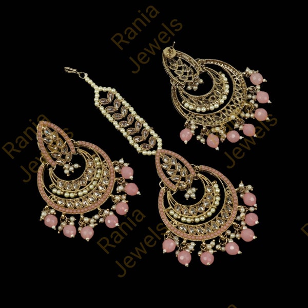 Polki mang tikka set, chandbali earrings with a matching tikka, bridal set, Pakistani jewelry, Pink beads