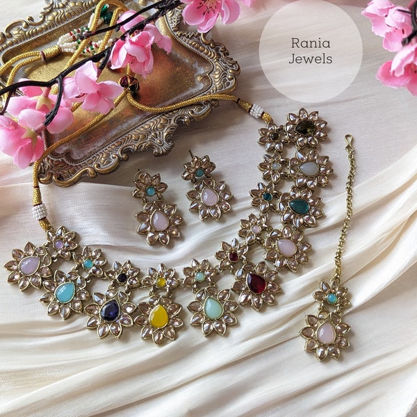 Indian wedding jewelry, polki necklace set with teeka and earrings, bridal jewelry, multicolor set.