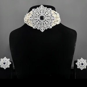 Wedding CZ Choker and Earrings Set: Black & Navy Blue Stone
