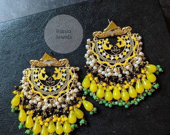 Jhumka earrings, Boho fashion earrings, Yellow color beads.